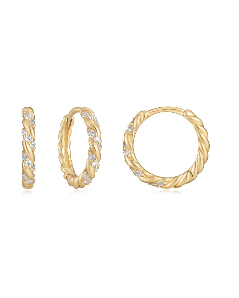 Front of a size one-size-fits-all 14K Gold & Diamond Twisted Huggie Hoops Gold in Gold by Eklexic. | dia_product_style_image_id:282837
